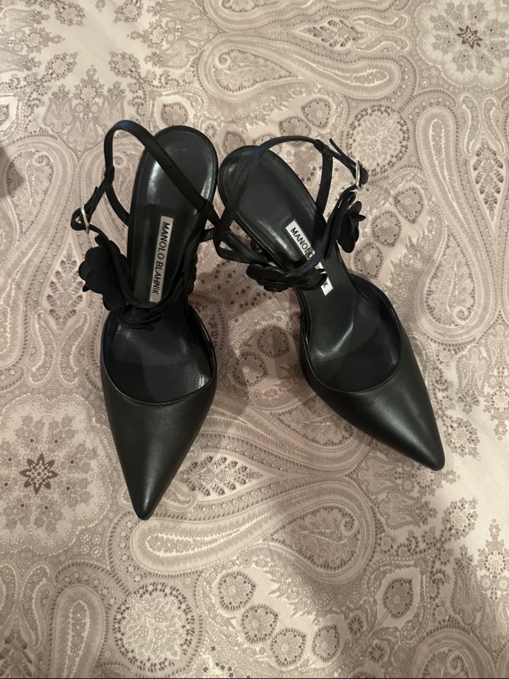 Manolo Blahnik Black Pointed Toe Slingback Heels with Floral Accent